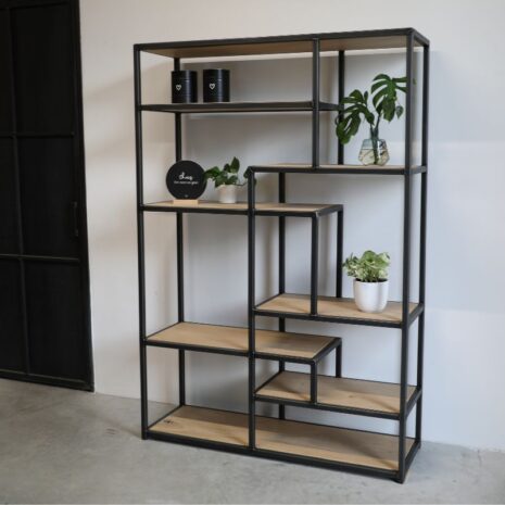 open vakkenkast industrieel eikenhout en staal 2 - 140x200cm - transparant gespoten staal