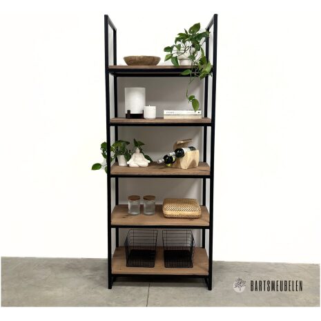 Boekenkast van eikenhout en staal 4 met vintage kleur behandeling