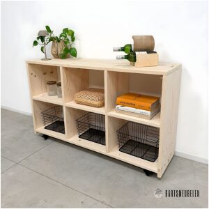 Steigerhouten vakkenkast 5 op wielen