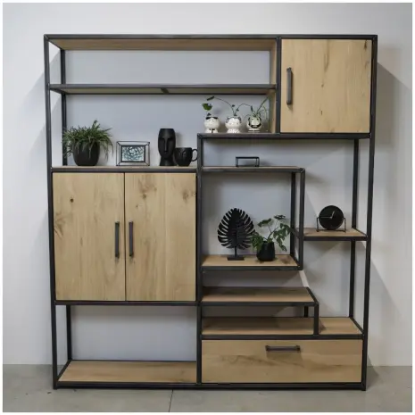 industriele kast met vakken eiken en staal 9 - 160cm breed x 200cm hoog - transparant stalen frame