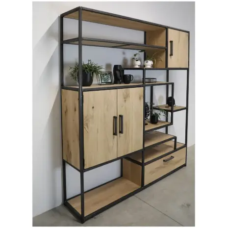 industriele kast met vakken eikenhout en staal 9 - 160cm breed x 200cm hoog - transparant gespoten stalen frame