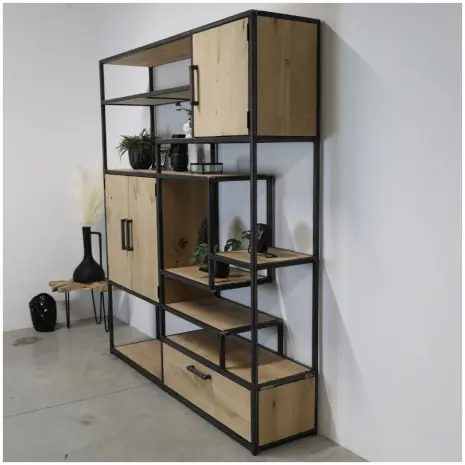 vakkenkast eikenhout en staal 9 - 160cm breed x 200cm hoog - transparant gespoten stalen frame