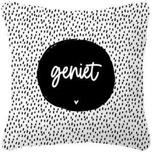Tuinkussen wit met tekst Geniet en zwart wit patroon 40x40cm