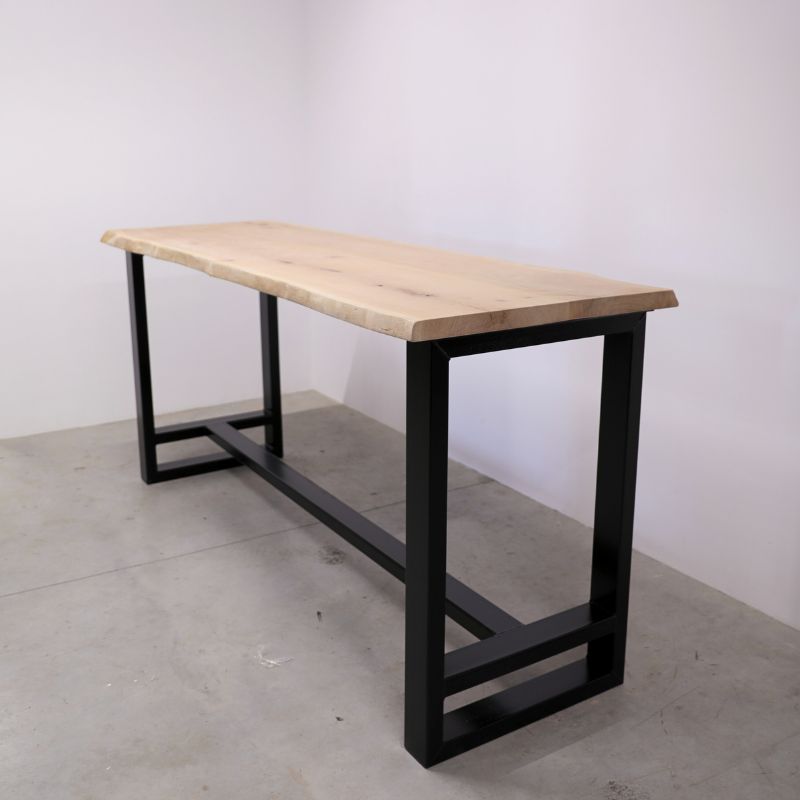 eiken boomstam bartafel met stalen frame onderstel