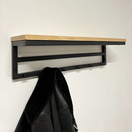 Industrieel wand kapstok 80cm - enkele rij - van eikenhout en staal
