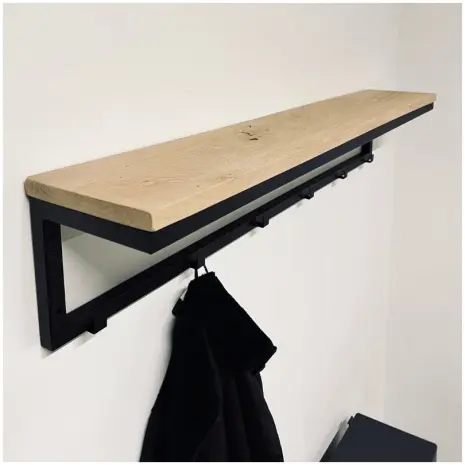 Industrieel wandkapstok 120cm - enkele rij - van eikenhout en staal
