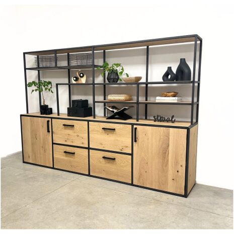 Wandkast industrieel Zeeland – eikenhout met stalen frame