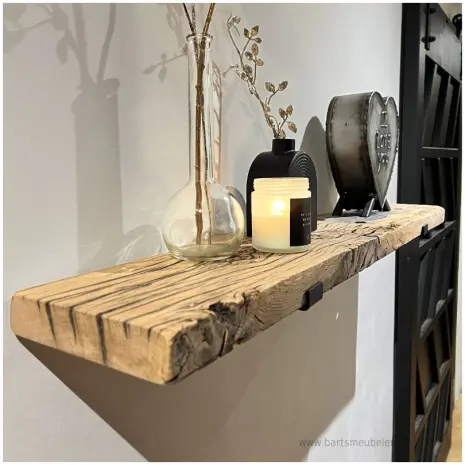 Wandplank oud eiken spoorbiels 4cm + plankdragers zwart