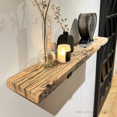 Wandplank oud eiken spoorbiels 4cm + plankdragers zwart metaal