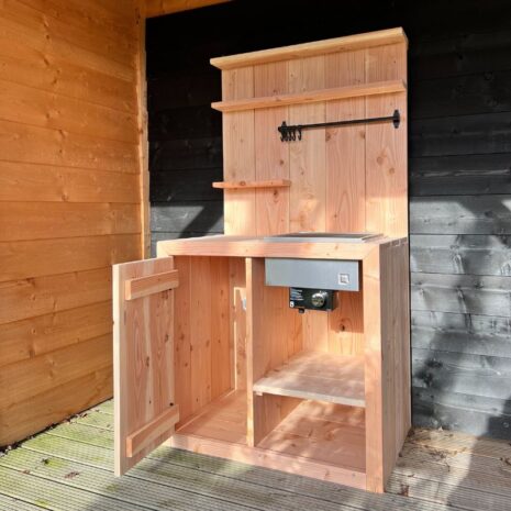 Douglas houten tuinkast + gasbarbecue inbouwset- Flame open deur