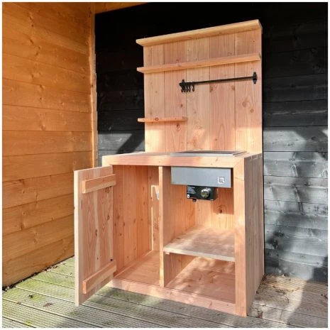 Douglas houten tuinkast + gasbarbecue inbouwset- Flame open deur