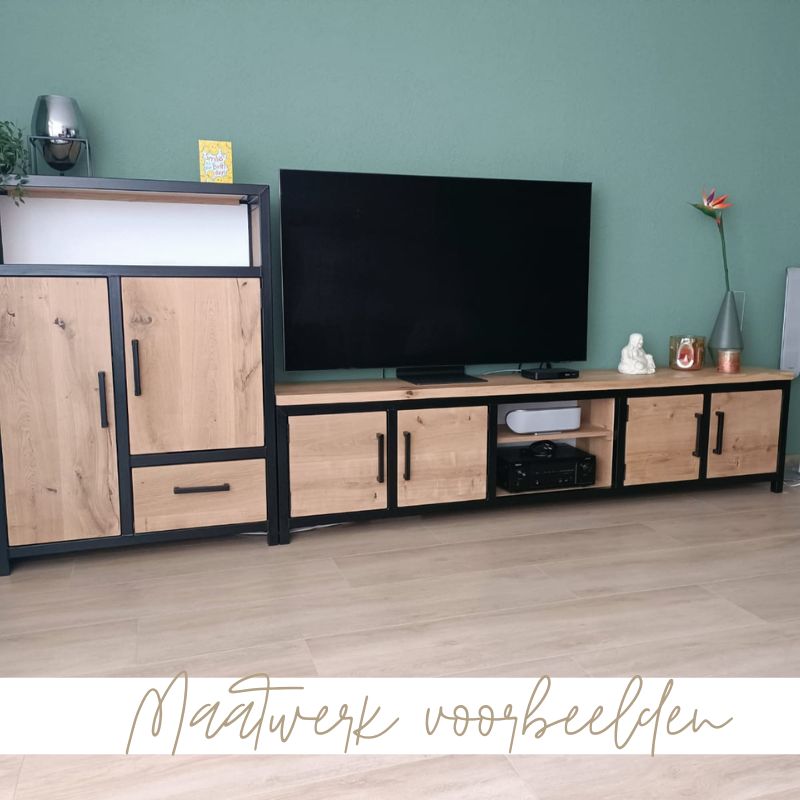 maatwerk voorbeeld van tv meubelen van eikenhout en staal