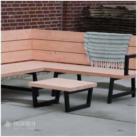 Houten hoekbank met stalen frame en armleuning douglas - details