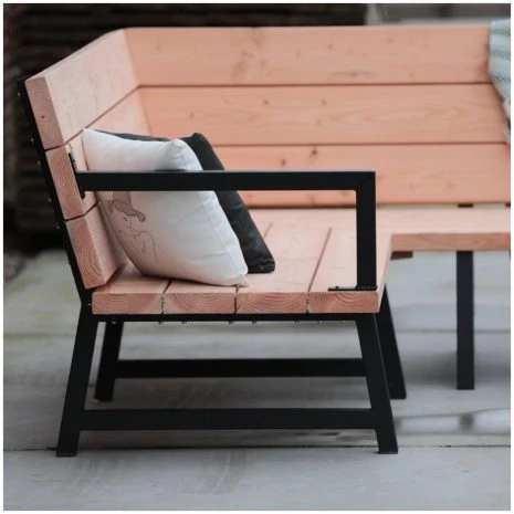 hoekbank zijaanzicht - Houten hoekbank met stalen frame en armleuning douglas