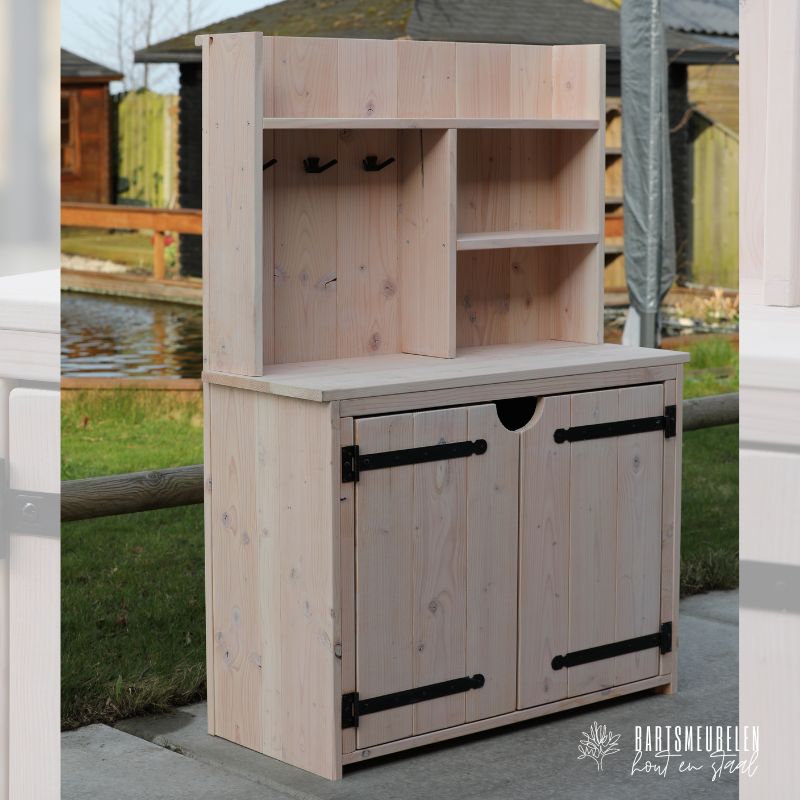 houten tuinkast douglas met white-wash zijaanzicht