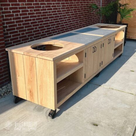 Buitenkeuken eikenhout 310x80cm voor 2 kamados