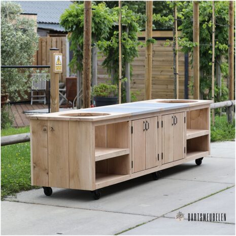 buitenkeuken op wielen eiken hout van 310 cm lang voor 2 kamado's