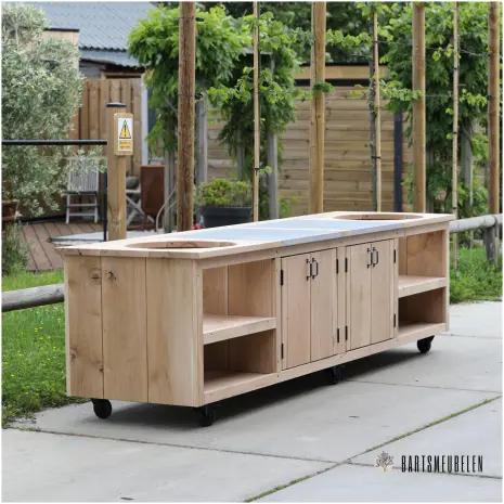 buitenkeuken op wielen eiken hout van 310 cm lang voor 2 kamado's