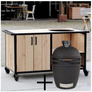 Eiken Buitenkeuken op wielen Gouda + The Bastard Urban Large Solo Kamado