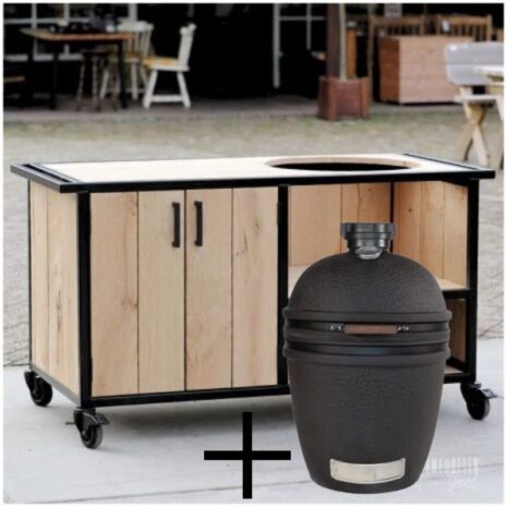 Eiken Buitenkeuken op wielen Gouda Eiken Buitenkeuken op wielen Gouda + The Bastard Urban Large Solo Kamado