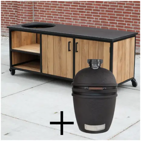 Buitenkeuken Fraké hout en zwart graniet blad + The bastard Urban Large Solo Kamado