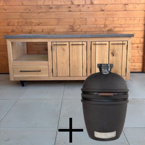 eikenhout buitenkeuken keramisch blad betongrijs met the bastard urban large kamado