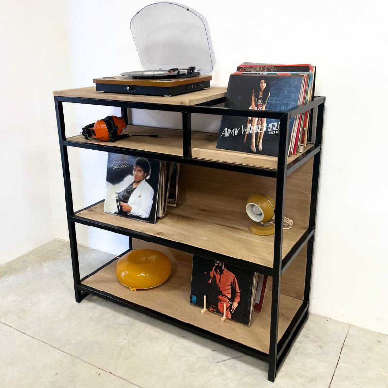 LP vinyl platenkast platen opberger van eikenhout en staal LP vinyl platenkast platen opberger van eikenhout en staal