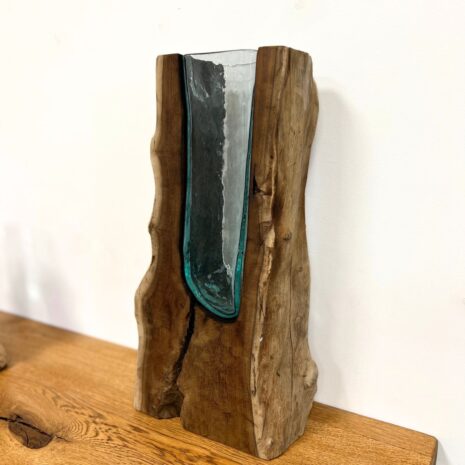 teak wortel vaas met glas