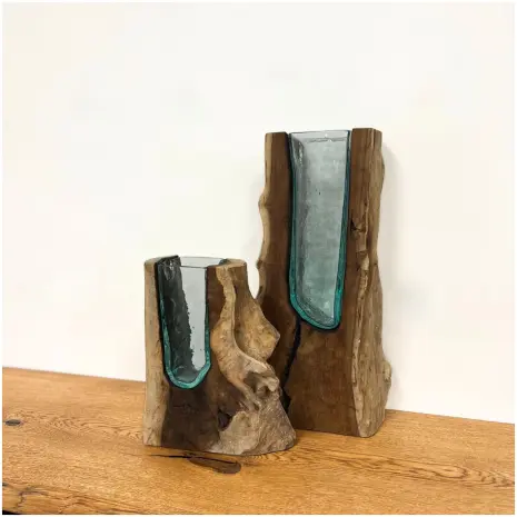 teakhout vaas met gerecycled glas