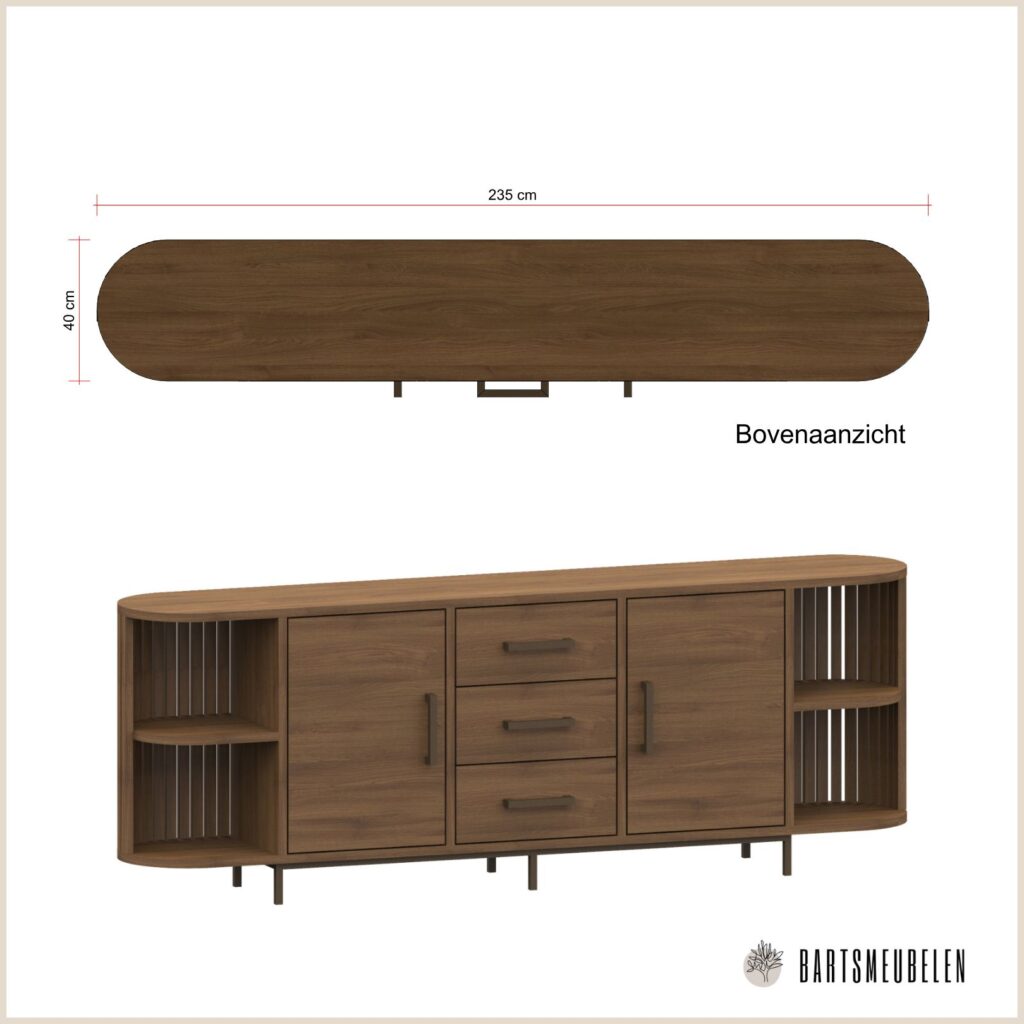 3d tekening Maatwerk dressoir van eikenhout en koper staal
