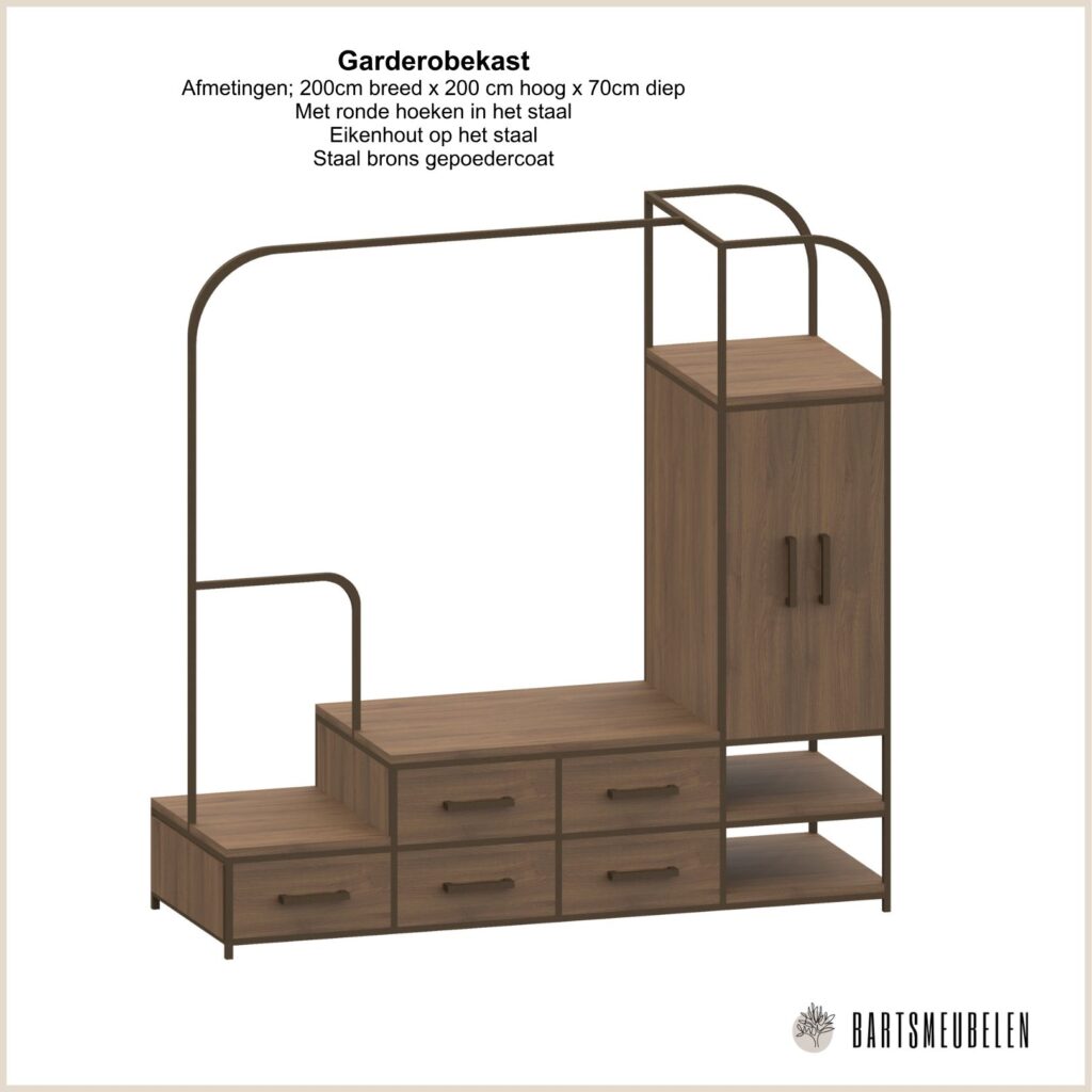 Garderobekast eikenhout en koper staal 3D tekening