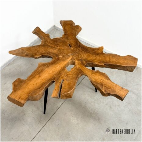 Blad details Boomstam Teak bijzet tafeltje met stalen poten