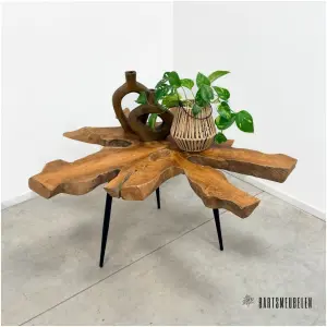Teak boomstam tafel met stalen poten (C)