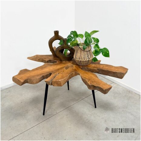 Teak boomstam tafel met stalen poten C Teak boomstam tafel met stalen poten (C)