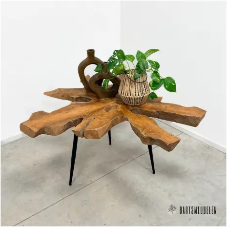 Teak boomstam tafel met stalen poten (C)