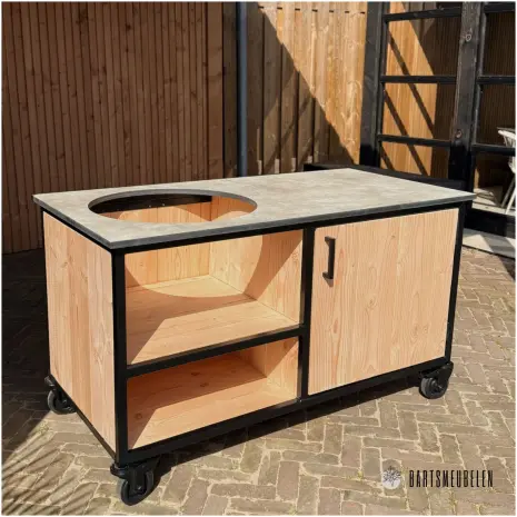 Moderne buitenkeuken met HPL blad beige met opbergkast en wielen