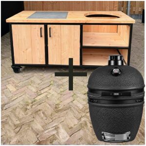 Combi-Deal Buitenkeuken Douglas en staal met opbergkast en tegel 180 cm + Grill Guru Prime Matt Black Large