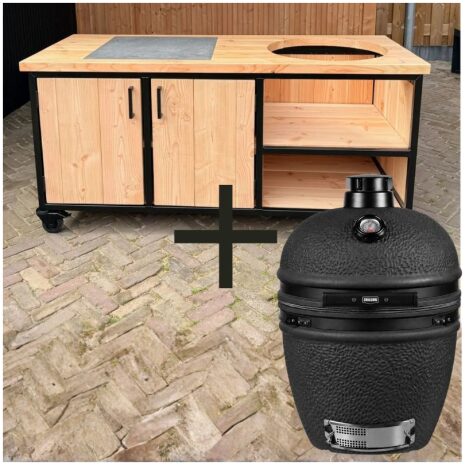 Combi Deal buitenkeuken douglas en staal met opbergkast en tegel 180 cm grill guru mat zwart kamado Combi Deal buitenkeuken douglas en staal met opbergkast en tegel 180 cm grill guru mat zwart kamado