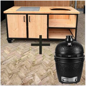 Combi-Deal Buitenkeuken Douglas en staal met opbergkast en tegel 180 cm + Grill Guru Prime Satin Black Large