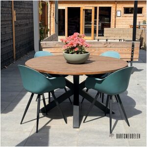 Ronde hardhouten tuintafel 150 cm met 4 groene stoelen showmodel